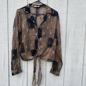 Mystree Brown Black Gold Anthro Blouse‎ Tie Front Longsleeved Semi Sheer Medium